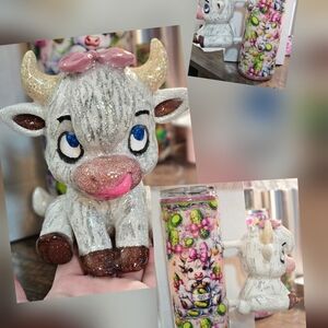 Charming Glitter Cow 3d 30 Oz Double Wall Tumbler - White and Pink